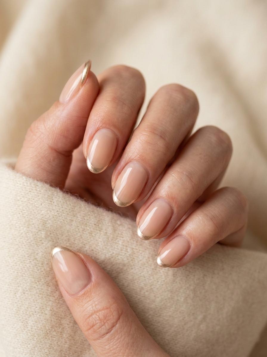 Gold Micro French Almond Nails als Kurze Almond Nails Inspiration 2026